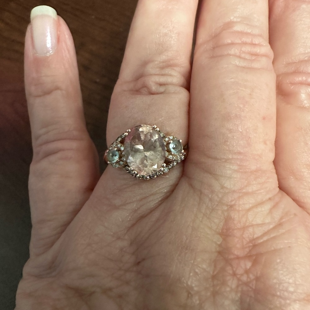 LeVian morganite/diamond/aquamarine ring. 14k Rose gold